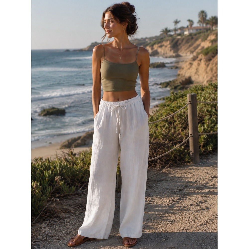 J.Crew White Linen Drawstring Wide Leg S Coastal Resort Pants Minimalist VV17